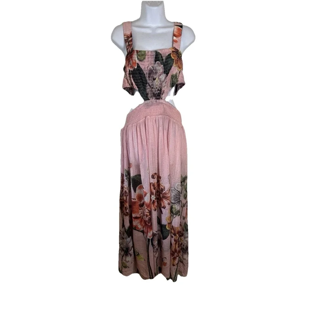 ANTHROPOLOGIE Piper Bandeau Cutout Maxi Dress in Pink Rose Motif‎ OB1570574 Larg